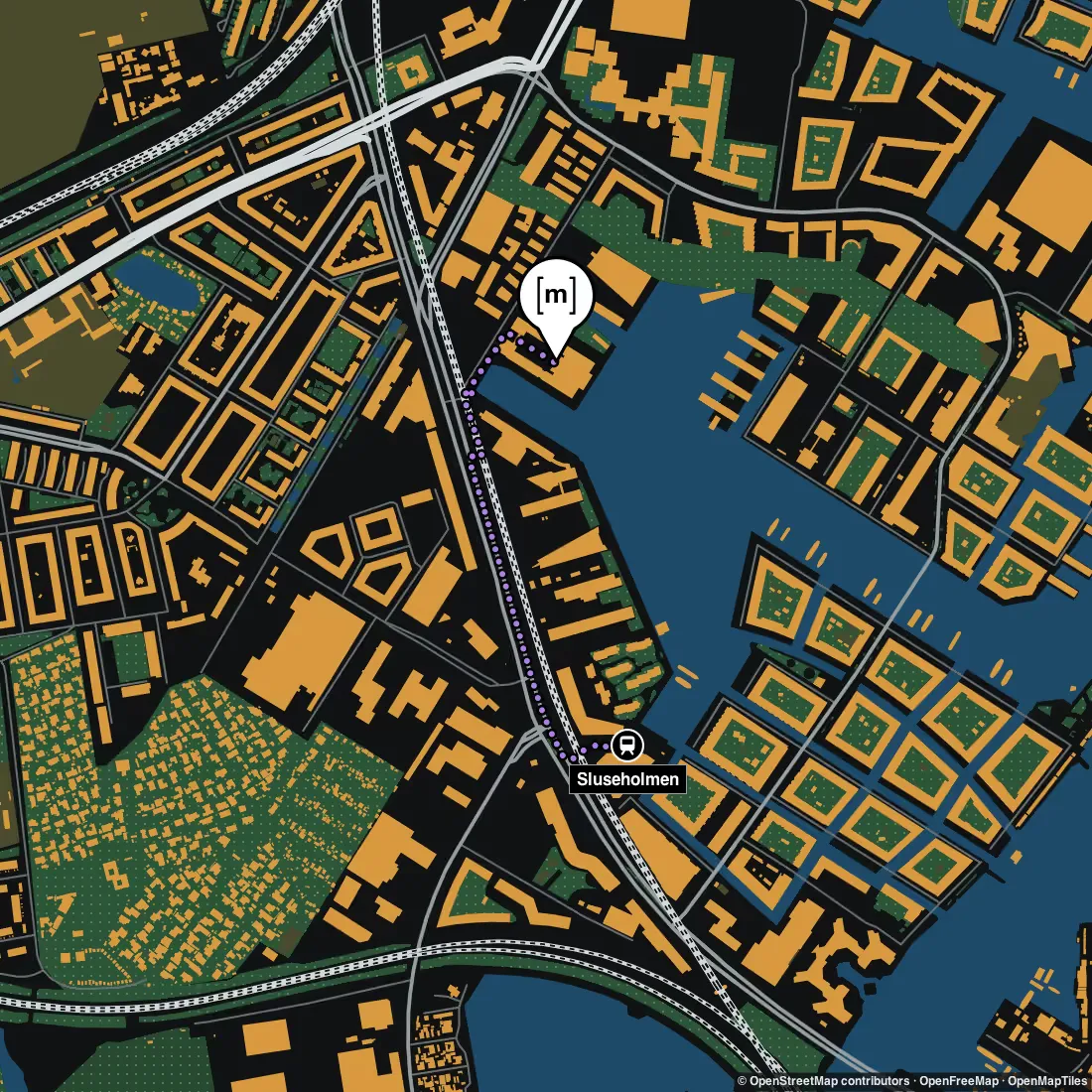 Map of the area around the hackathon venue in Copenhagen. A dotted line leads from Sluseholmen metro station to the venue.
