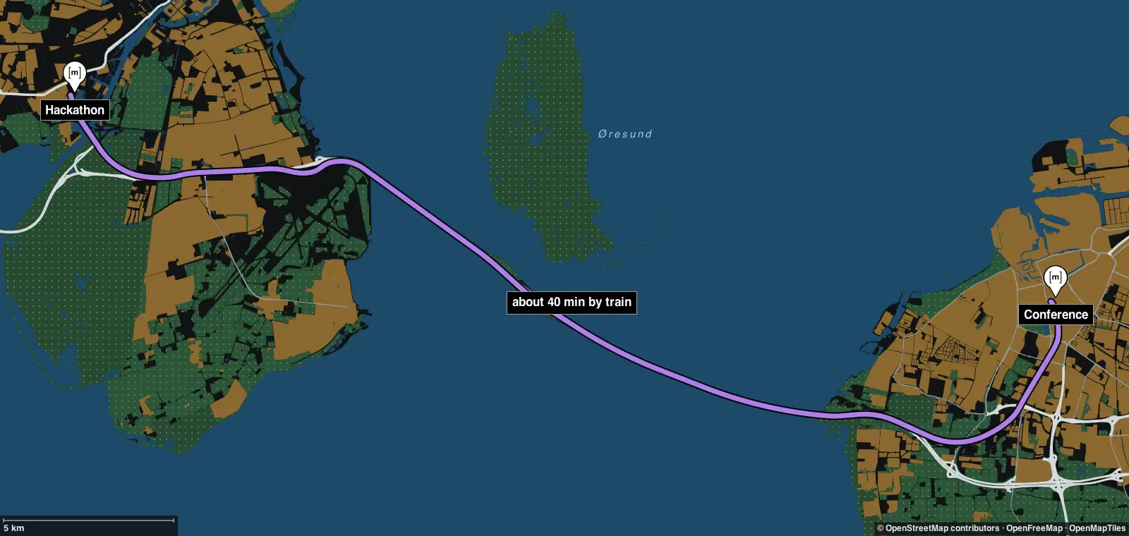 Map of the railway between the conference in Malmö on the right and the hackathon in Copenhagen on the left, crossing the Øresund Bridge. The train takes about 40 minutes.