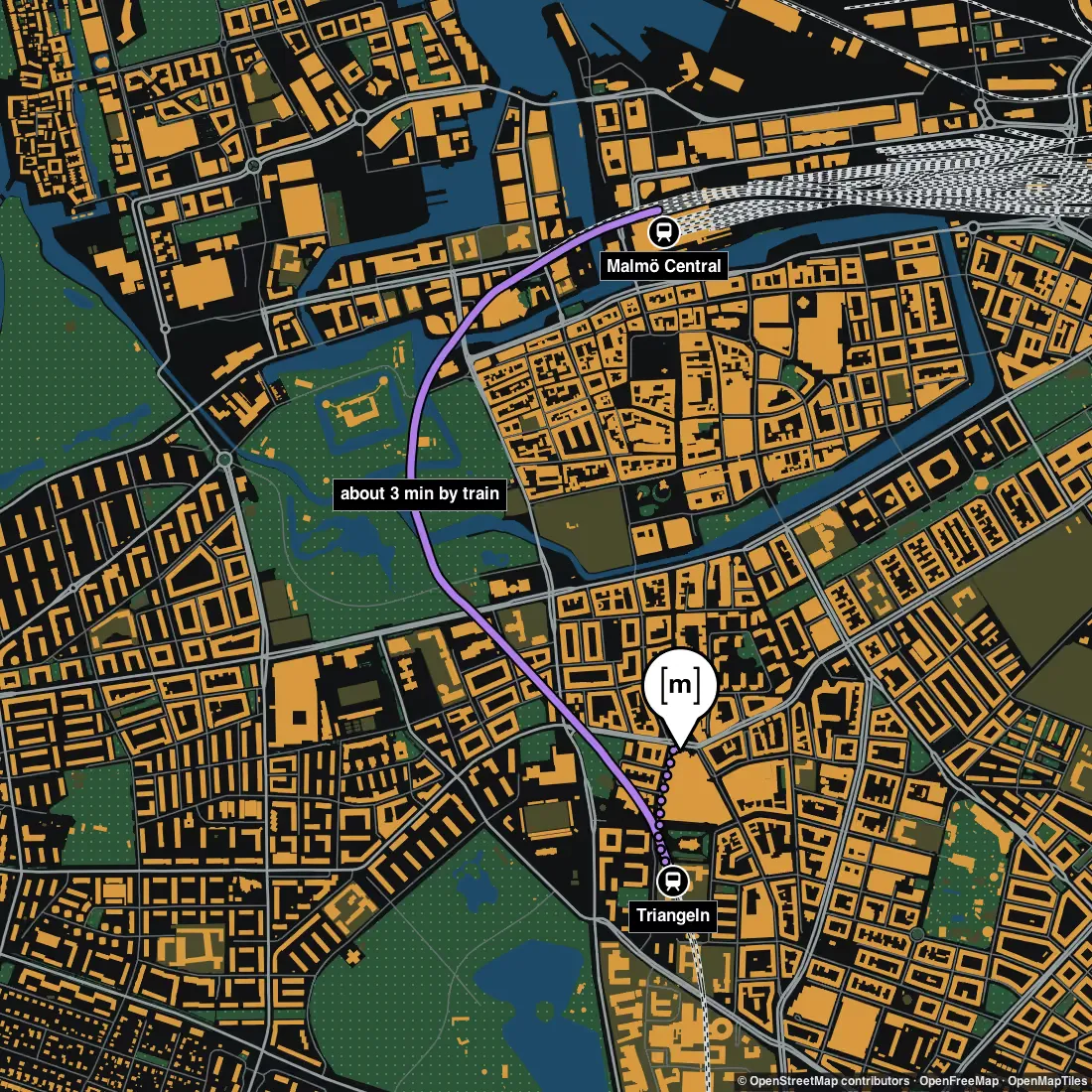 Map of the area around the conference venue in Malmö. A dotted line leads from Triangeln station to the venue, and the train runs from Malmö Central to Triangeln in about 3 minutes.